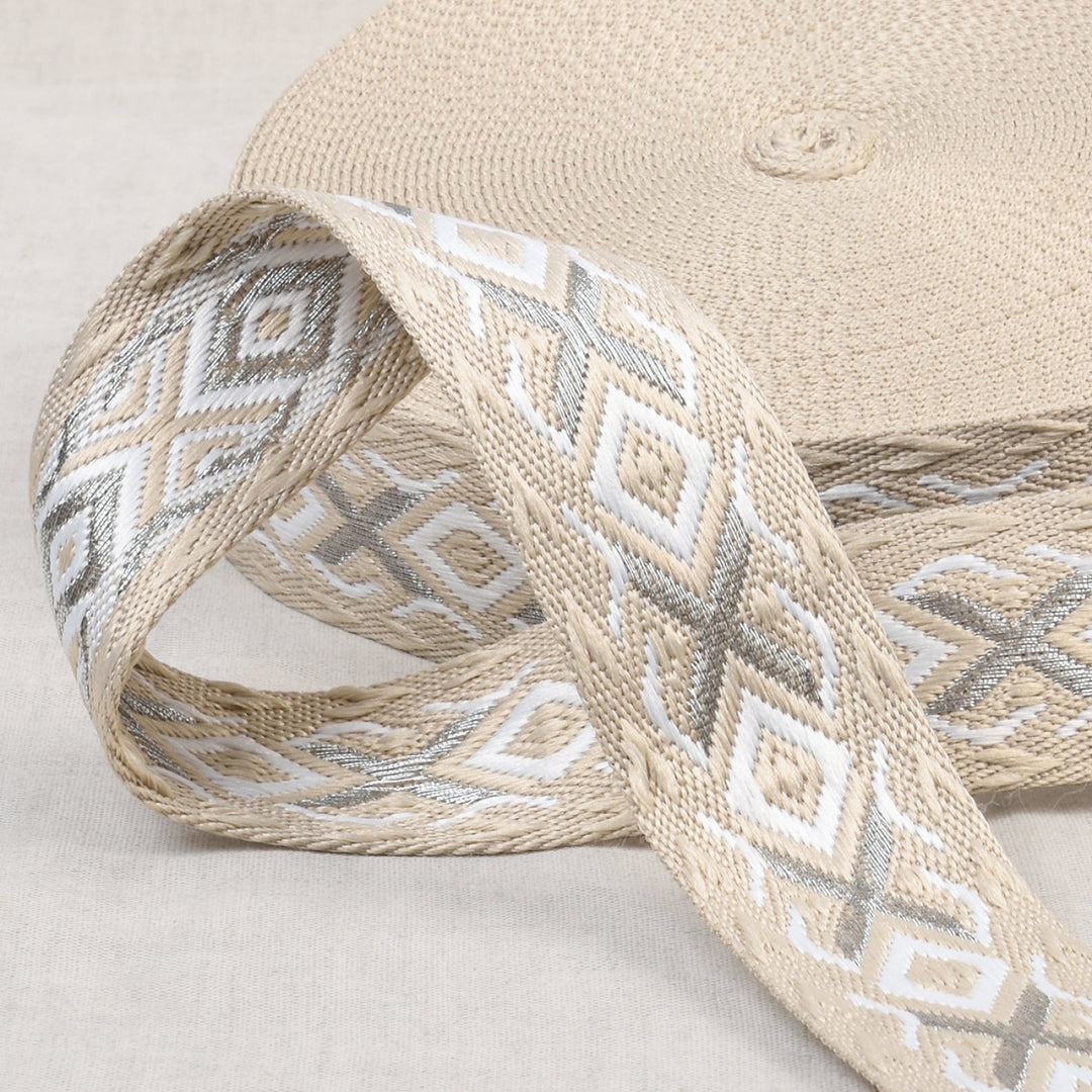 1.5" Ethnic Webbing/Strapping - Silver & Beige