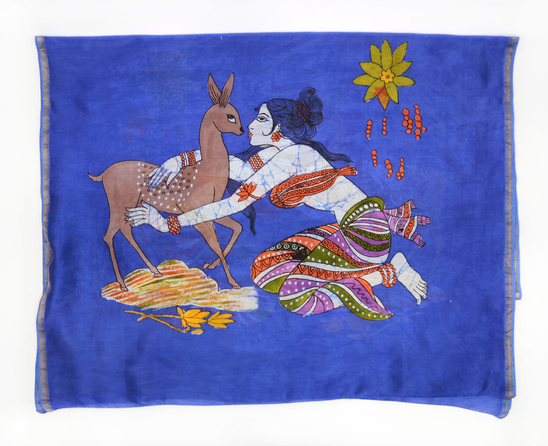 Dyed Batik Panel Woman & Deer Batik Shawl, Woman & Deer on Blue – Artistic Artifacts