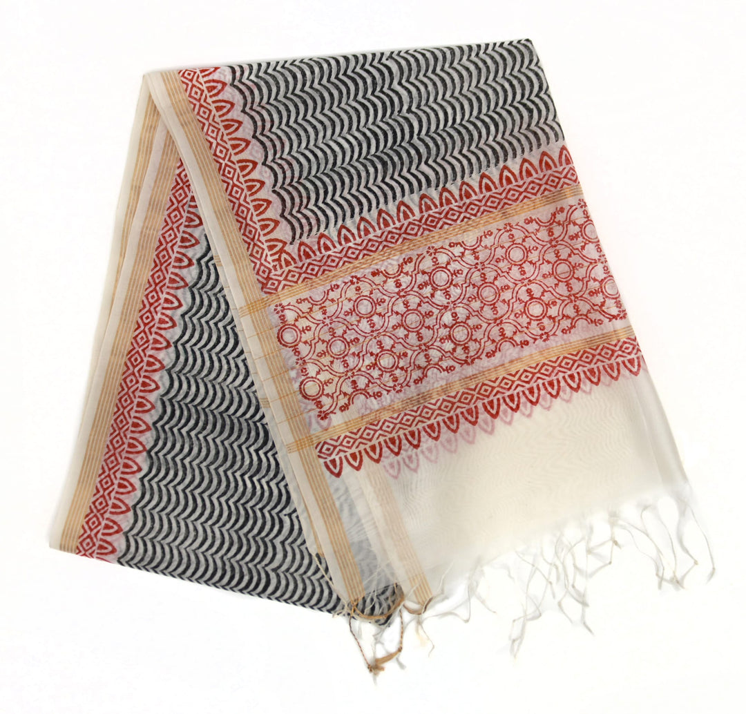 Motamal Samiti Silk Scarf, Cream with Black/Red pattern Motamal Samiti Silk Scarf, Cream with Black/Red pattern