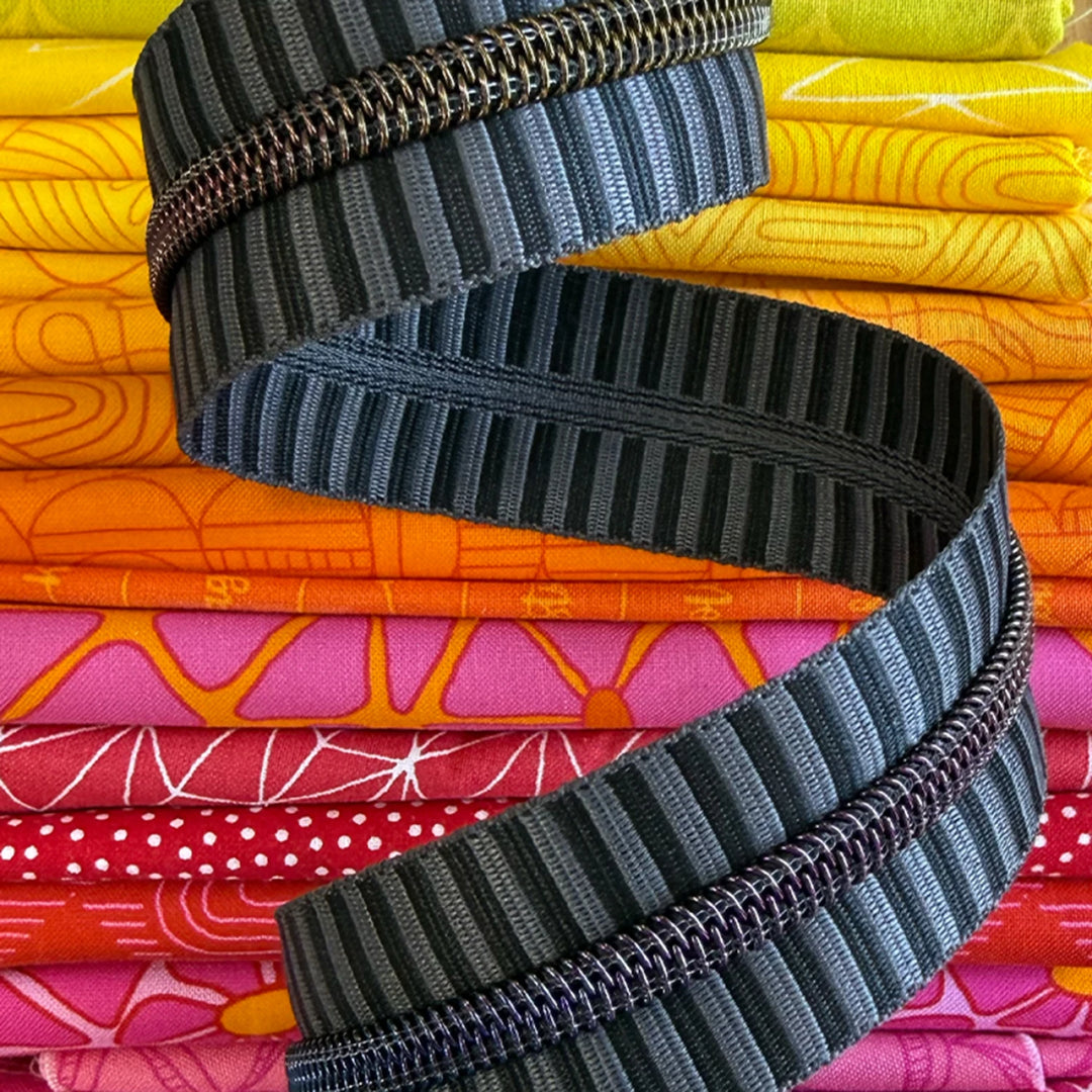 Wide Black and Grey Stripe Zipper Tape With Rainbow Teeth