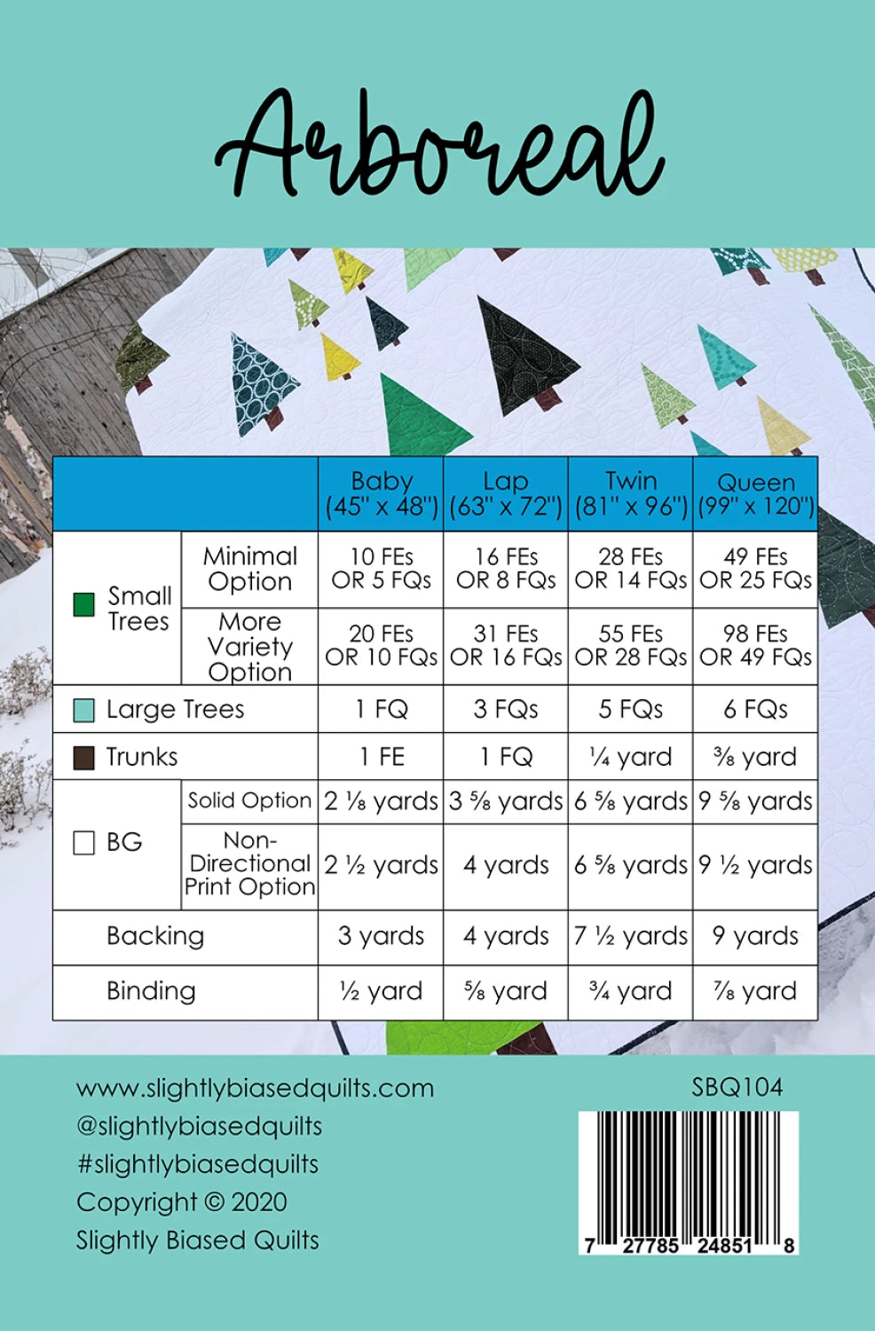 Arboreal quilt pattern SBQ-104 size chart