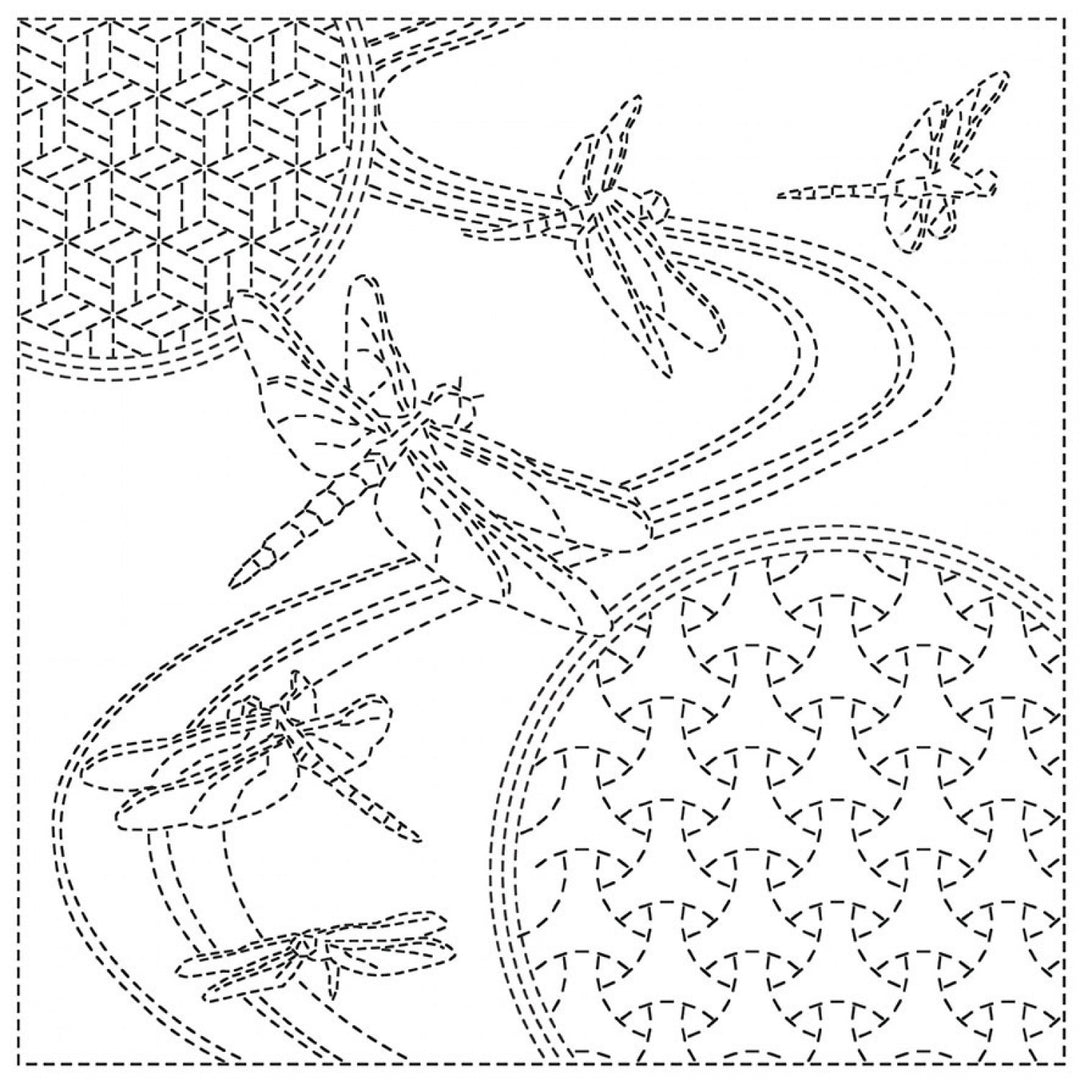 Sashiko Preprinted Fabric, Dragonfly White