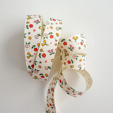 Cream Floral Cotton Ribbon, 5/8in x 5yd 3/4" Woven Cotton Twill Ribbon- Ivory