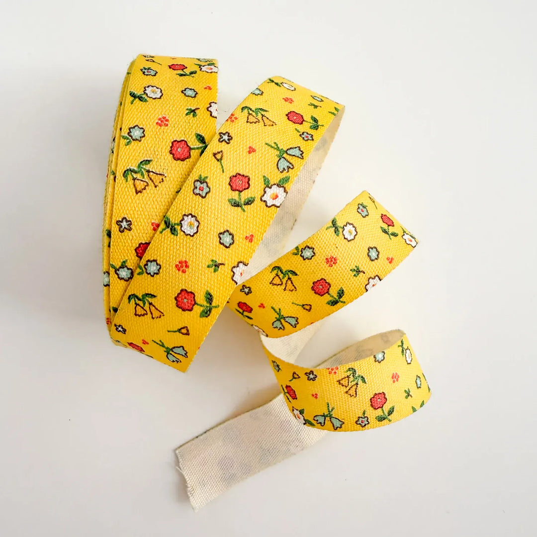 Lemon Floral Cotton Ribbon, 5/8in x 5yds 3/4" Woven Cotton Twill Ribbon- Ivory