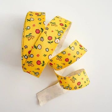 Lemon Floral Cotton Ribbon, 5/8in x 5yds 3/4" Woven Cotton Twill Ribbon- Ivory