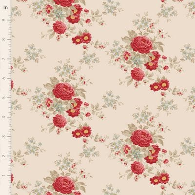 Vintage floral fabric TIL100637-V15 with red roses and beige background