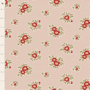 Floral fabric with red flowers and polka dots