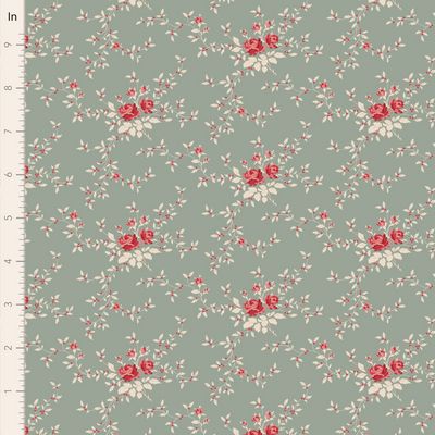 floral pattern with red roses on sage green