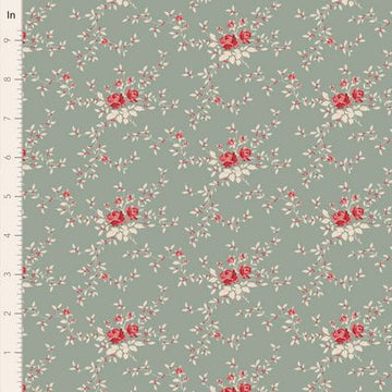 floral pattern with red roses on sage green