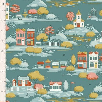 Village Life by Tilda - Village, Teal Fabric Village Life by Tilda - Village, Teal Fabric