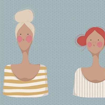 Illustration of two women with buns and striped tops