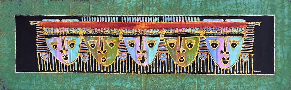 Batik Panel - Mask Quintet, Long, 28 x 17 3/4" Batik Panel - Mask Quintet, Long, 28 x 17 3/4"