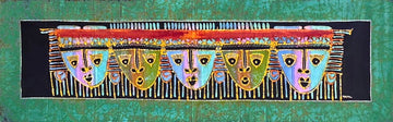 Batik Panel - Mask Quintet, Long, 28 x 17 3/4" Batik Panel - Mask Quintet, Long, 28 x 17 3/4"