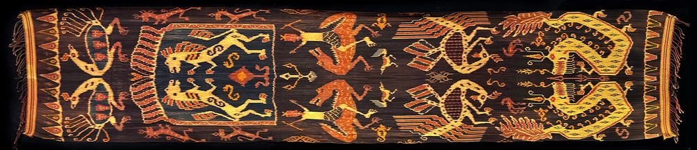 Sumba Ikat Hinggi, Dark Brown – Dragon, Lion & Ancestral Figures, Handwoven 22.5" × 106" Sumba Ikat Hinggi, Dragon & Lion Motif, Handwoven – Artistic Artifacts