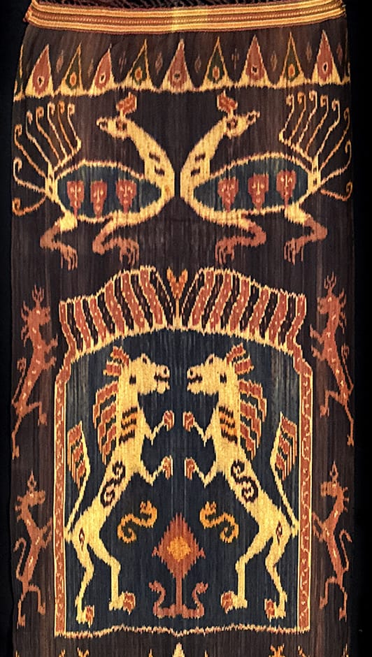 Sumba Ikat Hinggi, Dark Brown – Dragon, Lion & Ancestral Figures, Handwoven 22.5" × 106" Sumba Ikat Hinggi, Dragon & Lion Motif, Handwoven – Artistic Artifacts