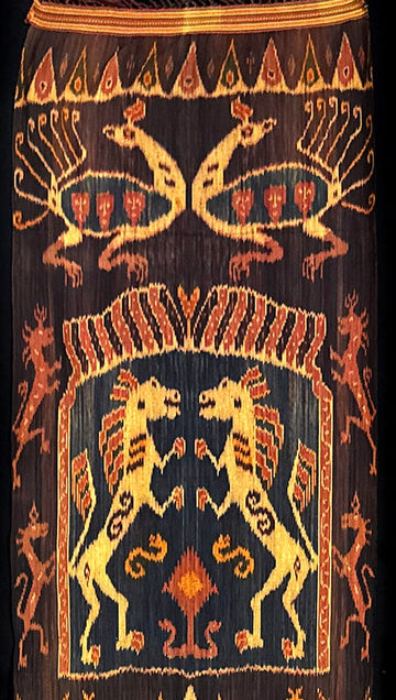 Sumba Ikat Hinggi, Dark Brown – Dragon, Lion & Ancestral Figures, Handwoven 22.5" × 106" Sumba Ikat Hinggi, Dragon & Lion Motif, Handwoven – Artistic Artifacts