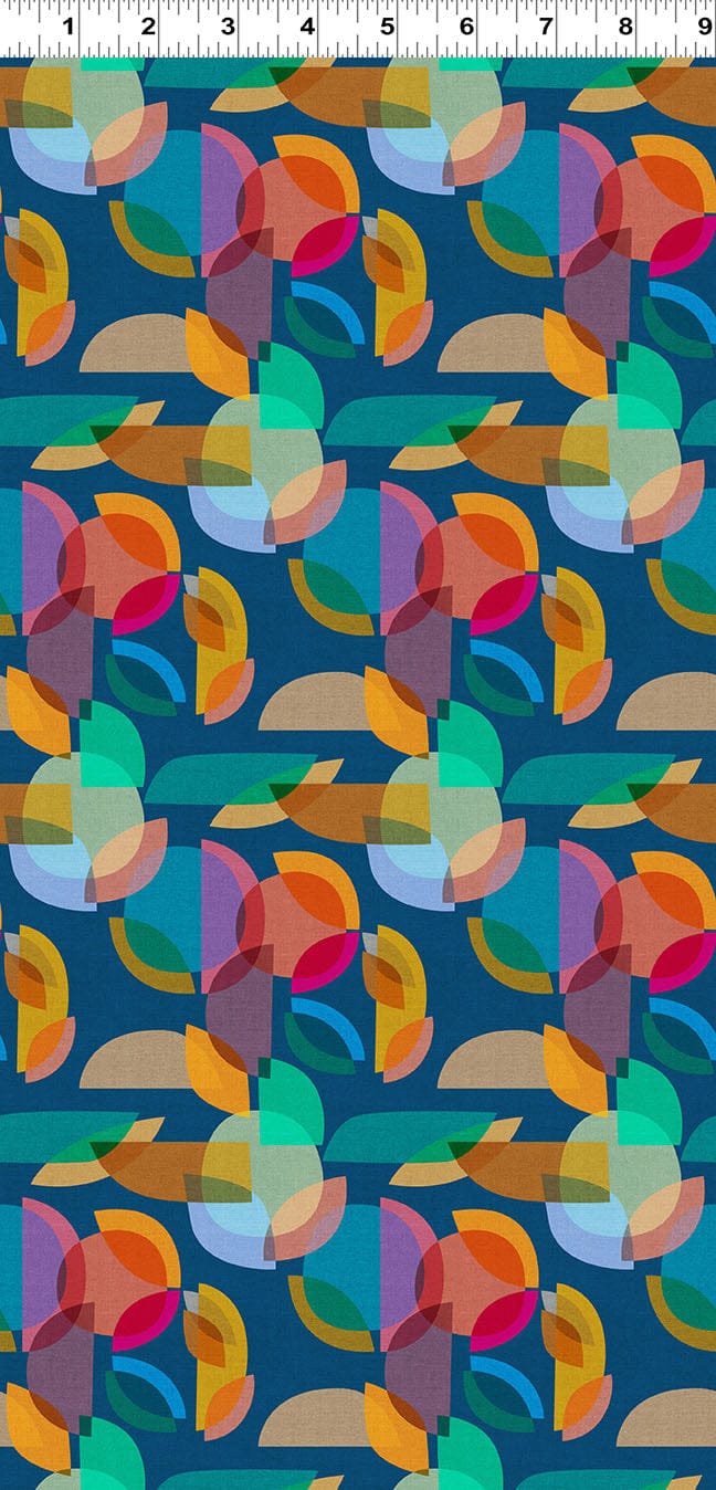 Abstract geometric pattern with colorful shapes on dark blue background.