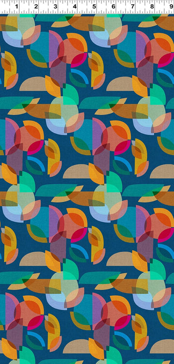 Abstract geometric pattern with colorful shapes on dark blue background.