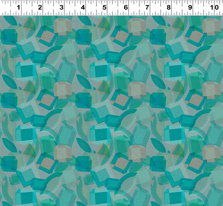 Y4594-104 Abstract Geometric Fabric Pattern with Teal, Blue, and Gray Shapes