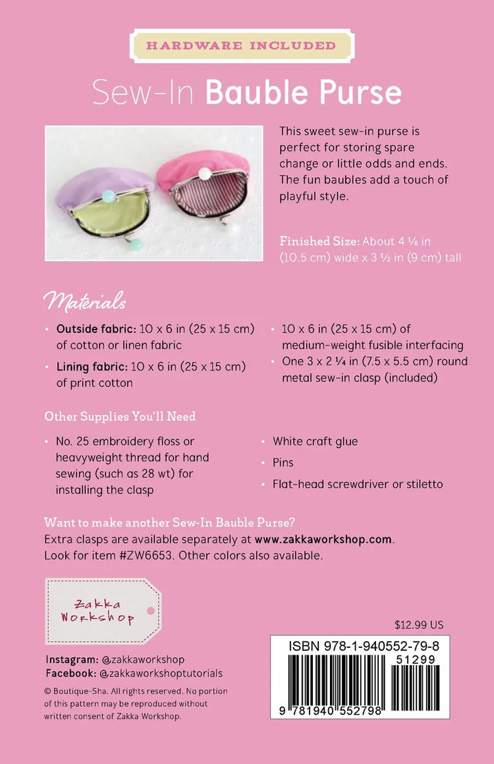 Sew-In Bauble Purse Pattern Kit