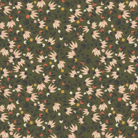 Edge flower and moss pattern on olive green background