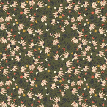Edge flower and moss pattern on olive green background