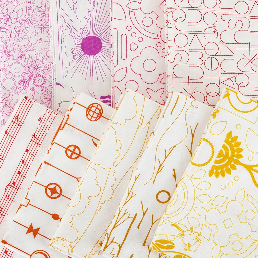 Ando 3s fabric swatch collection, pink and gold geometric patterns