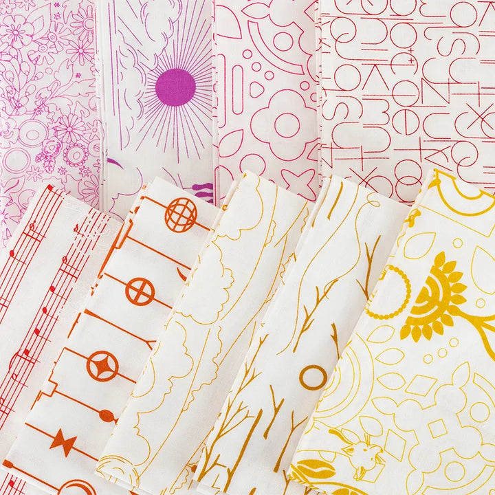 Ando 3s fabric swatch collection, pink and gold geometric patterns