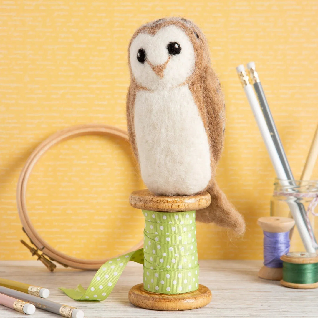 Barn owl needle felting kit, completed owl on spool