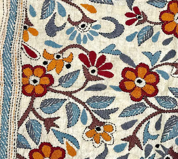 Kantha Stitched Silk Fabric, Cream Floral – Rust, Blue & Brown, Hand Stitched in India Kantha Silk Fabric, Cream Floral, Rust & Blue – Artistic Artifacts