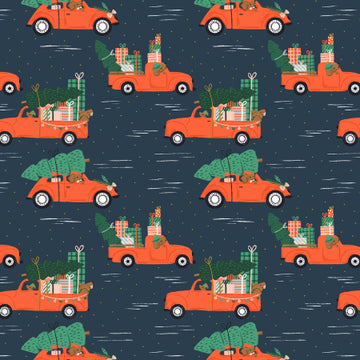 Holiday hounds hauling gifts in orange cars