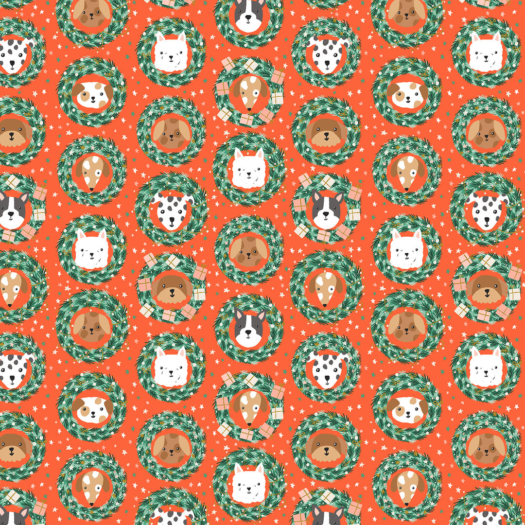 Dog faces in wreaths on red bark and bough pattern