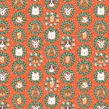 Dog faces in wreaths on red bark and bough pattern