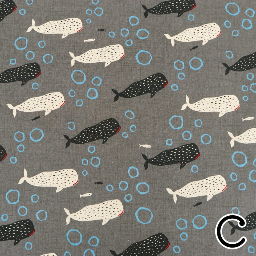 Textile Pantry Japanese Canvas Fabric - Scandi Whales by Yoko Saito, Colorway C Yoko Saito Scandi Whales Japanese Canvas Fabric - Textile Pantry