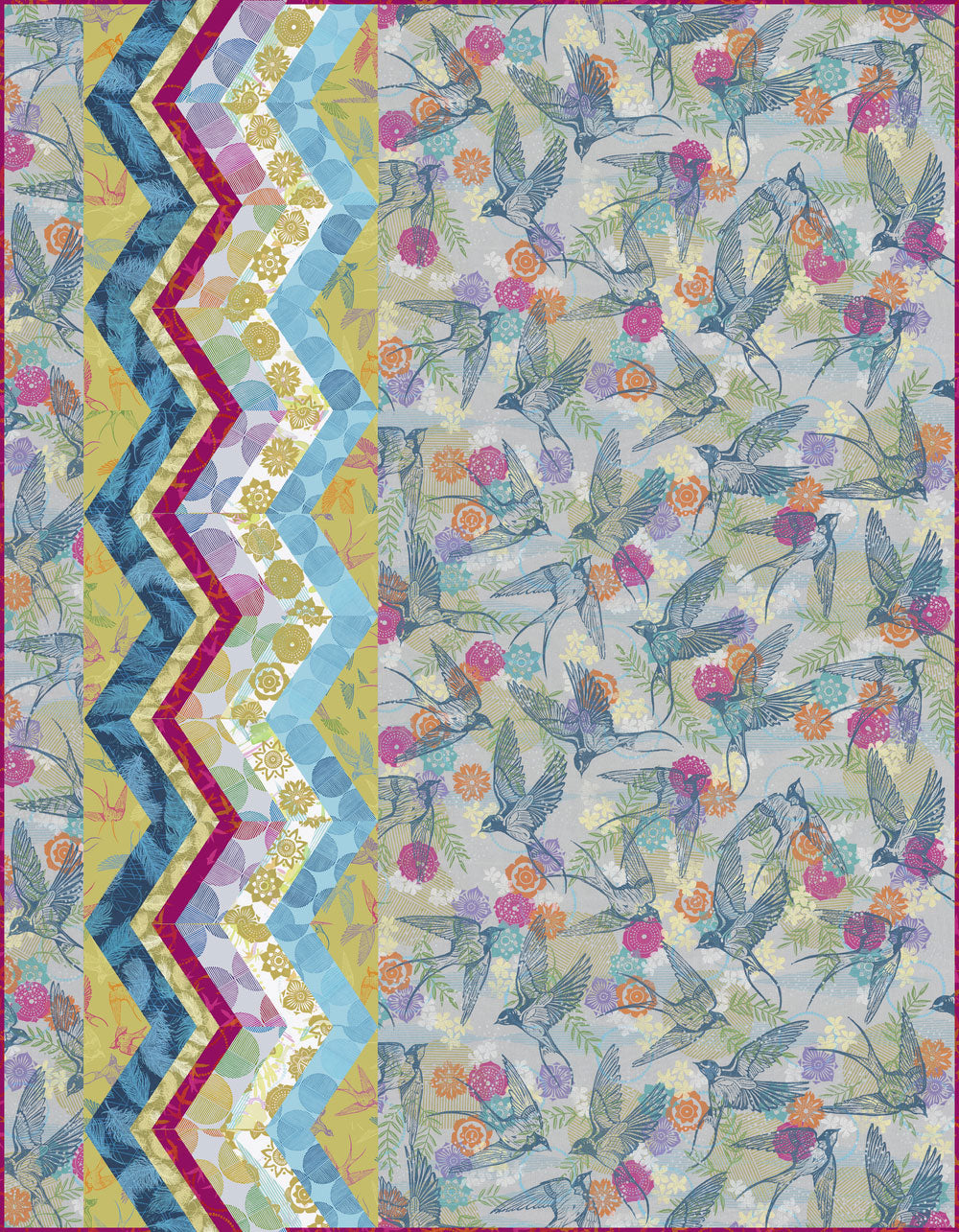Finnepoly Valori Wells quilt with birds and zigzags