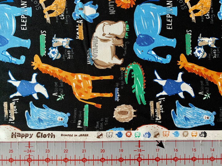 Happy Cloth Light-Weight Canvas by Senyo Fabrics - Zoo Animals, Black