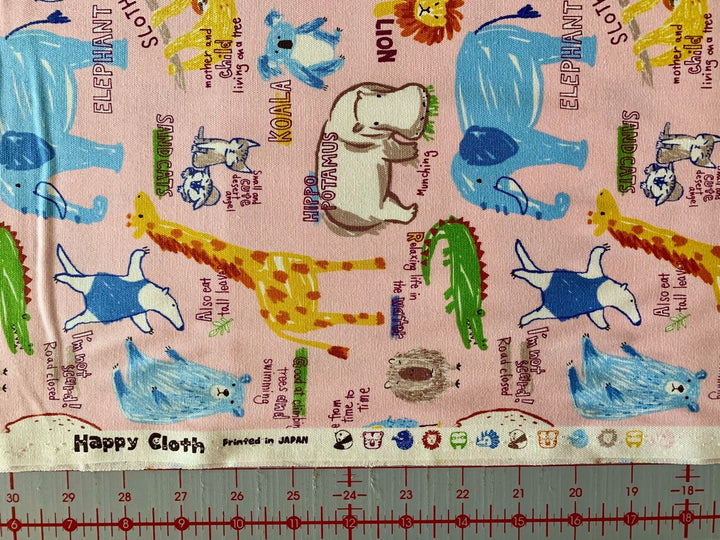Happy Cloth Light-Weight Canvas by Senyo Fabrics - Zoo Animals, Pink