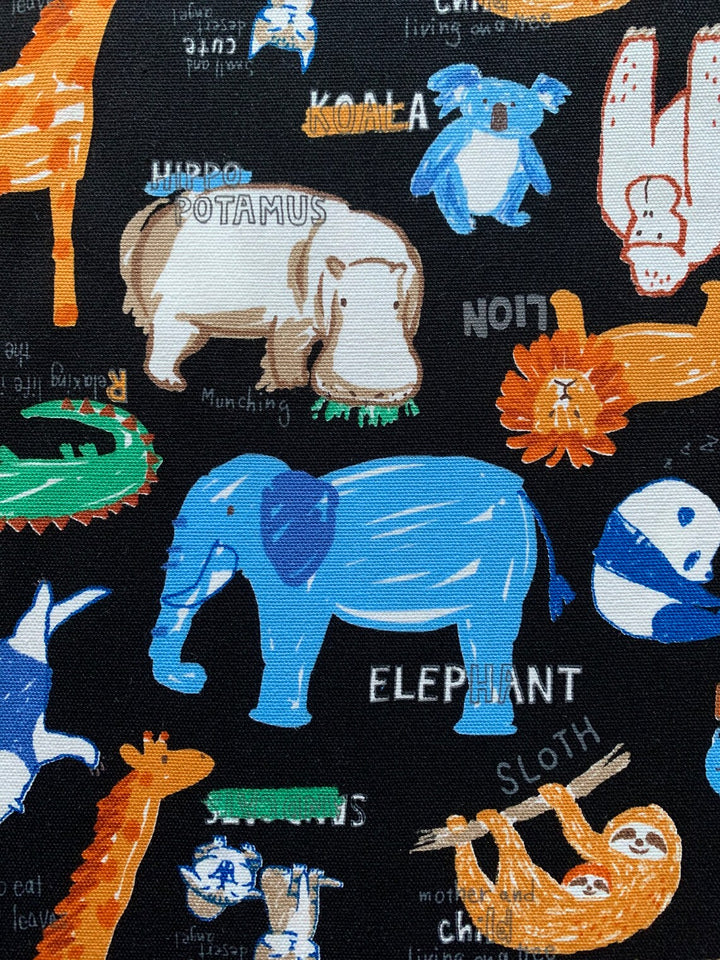 Happy Cloth Light-Weight Canvas by Senyo Fabrics - Zoo Animals, Black
