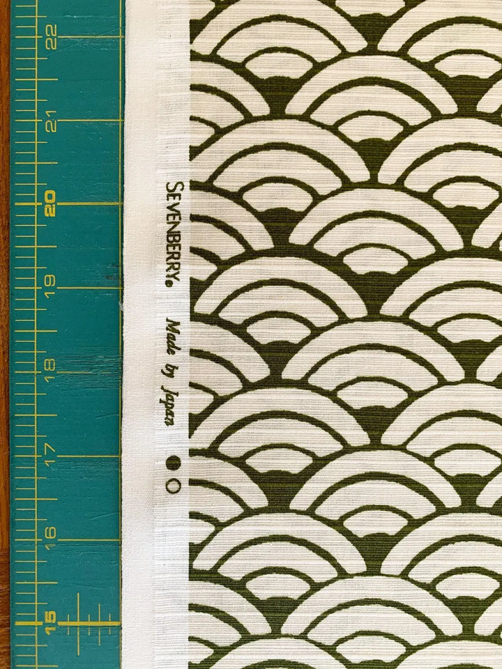 Sevenberry Japanese Shantung Fabric - Waves, White/Olive Green