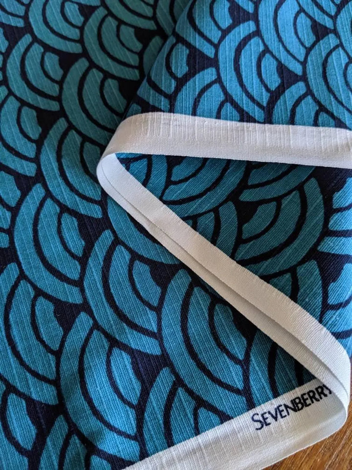 Sevenberry Japanese Shantung Fabric - Waves, Teal/Navy