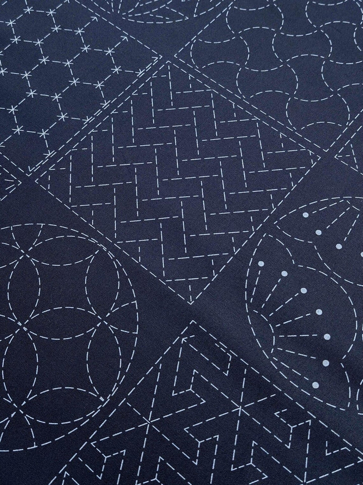 Patterned Blocks and Circles Navy Sashiko Fabric 24" Panel Patterned Blocks and Circles Navy Sashiko Fabric 24" Panel