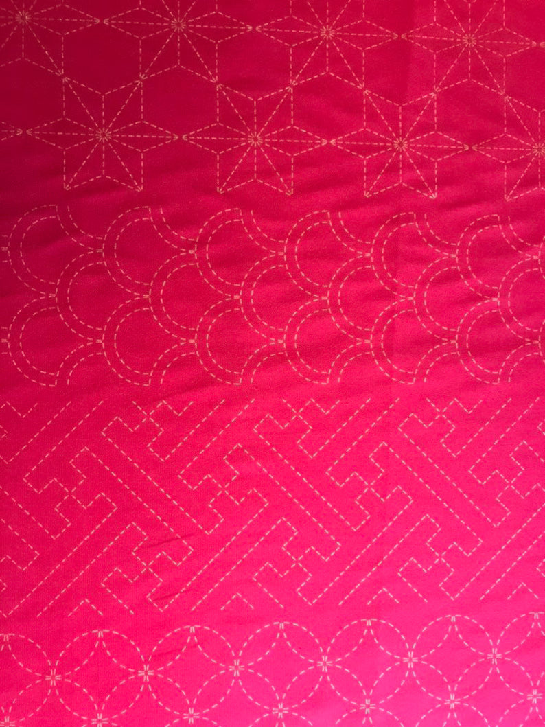 Sashiko Preprinted Fabric Panel, Crest Hexie Sampler in Raspberry