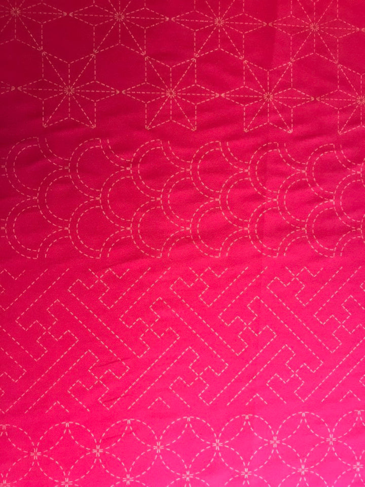 Sashiko Preprinted Fabric Panel, Crest Hexie Sampler in Raspberry