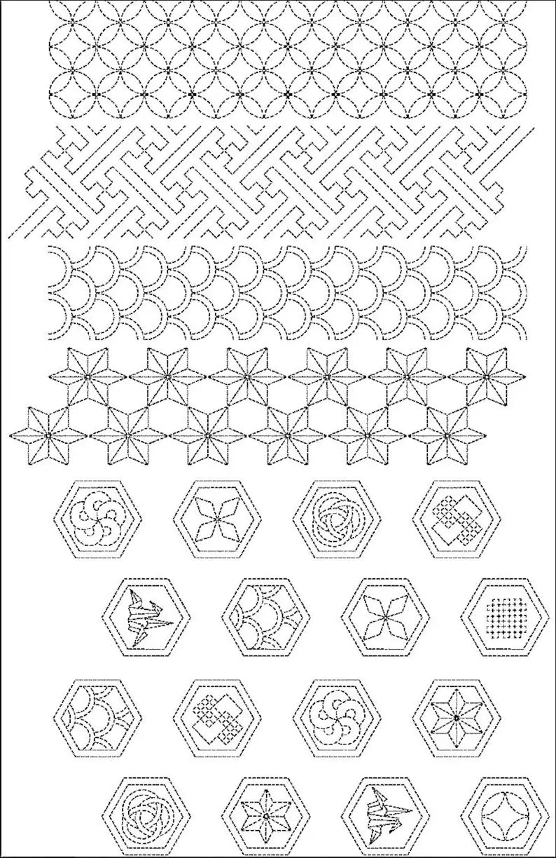 Sashiko Preprinted Fabric Panel, Crest Hexie Sampler in Raspberry