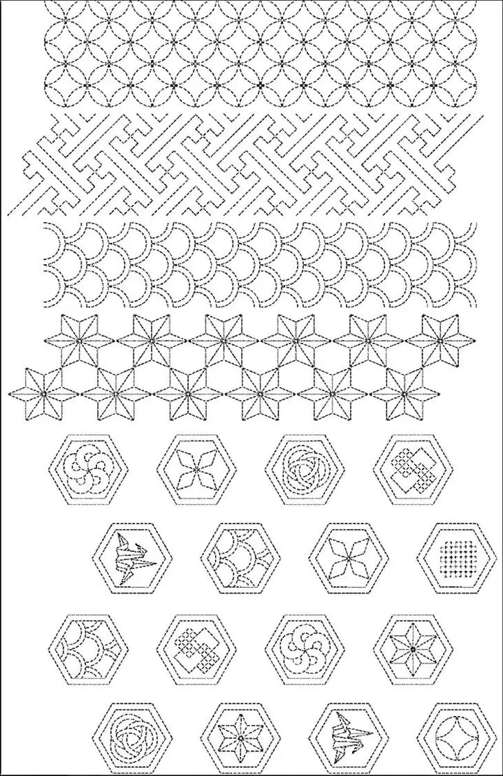 Sashiko Preprinted Fabric Panel, Crest Hexie Sampler in Raspberry