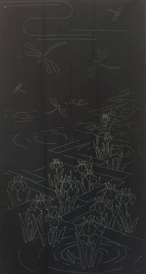 Sashiko Preprinted Fabric Panel, Dragonfly & Iris, Navy