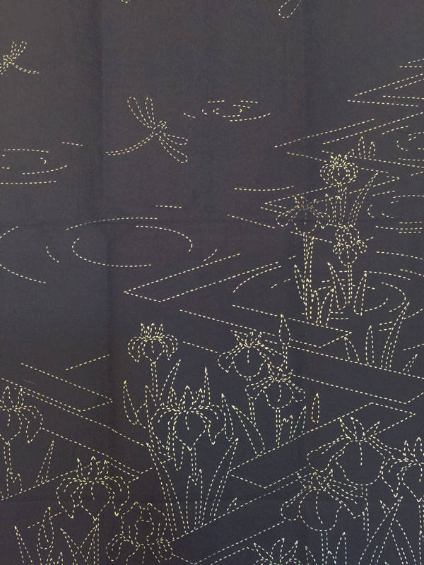 Sashiko Preprinted Fabric Panel, Dragonfly & Iris, Navy