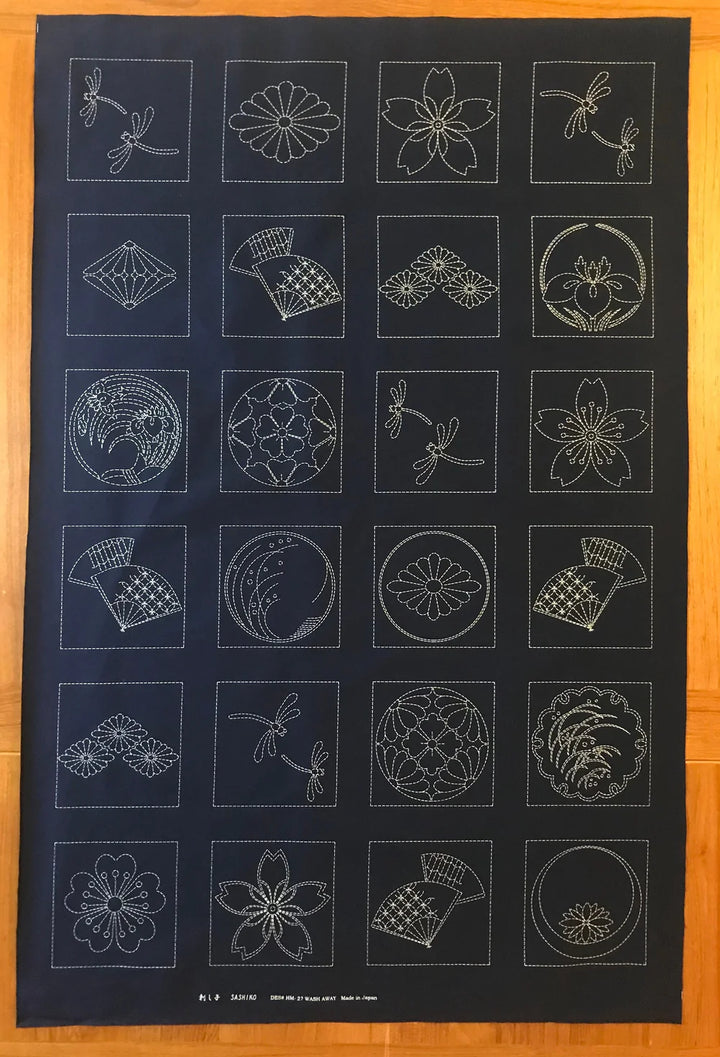 Sashiko Preprinted Fabric Panel, Crest Blocks, Navy