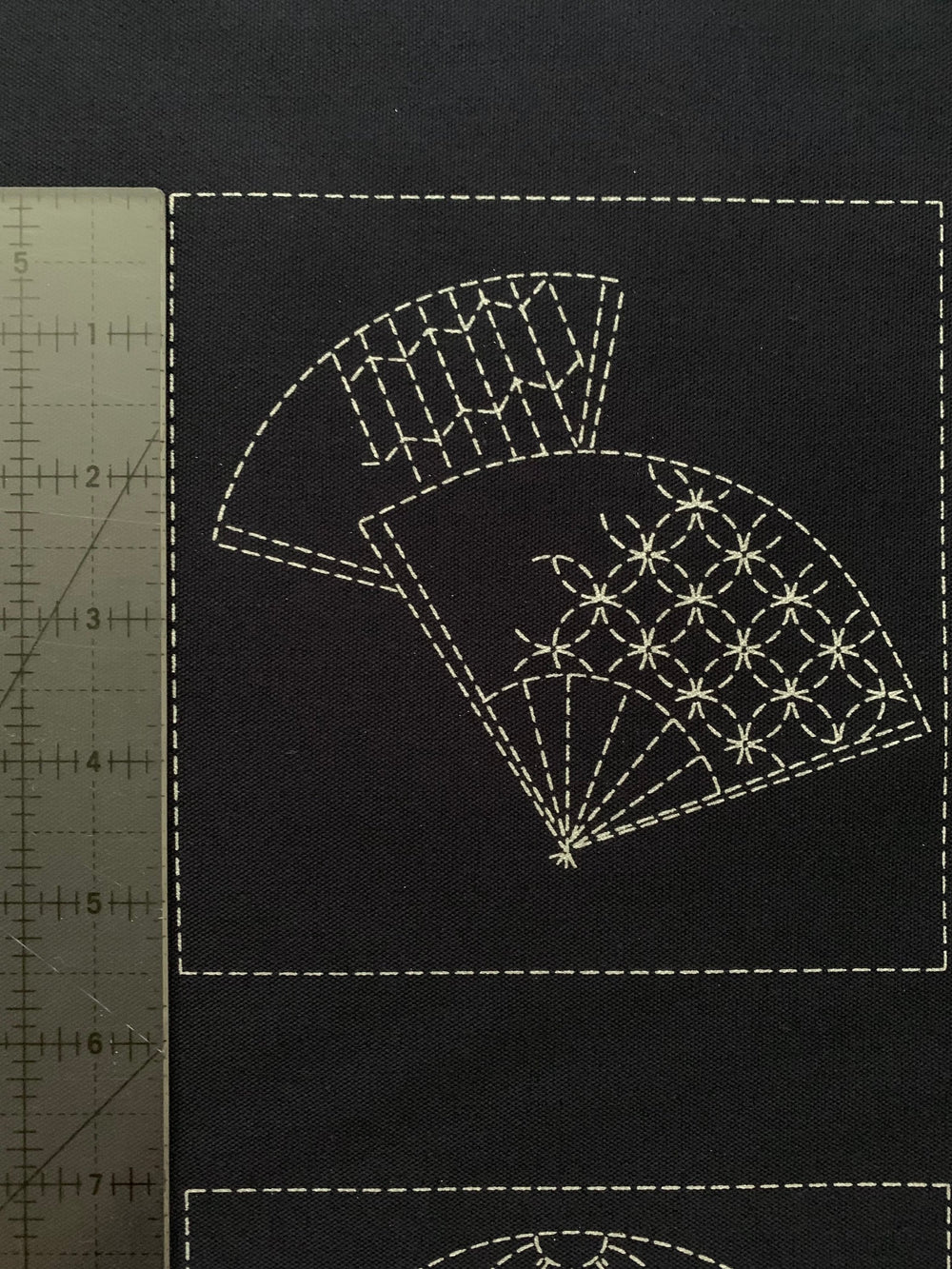 Sashiko Preprinted Fabric Panel, Crest Blocks, Navy