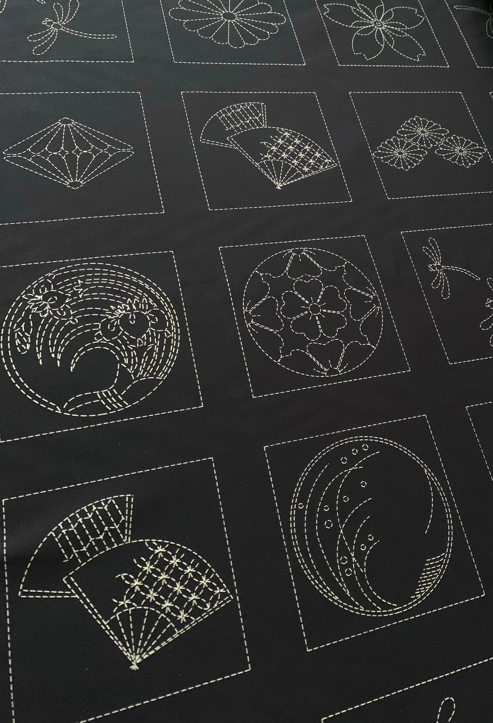 Sashiko Preprinted Fabric Panel, Crest Blocks, Navy